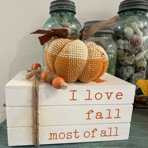 Rustic Fall Fabric Pumpkin on Block Sign Decor